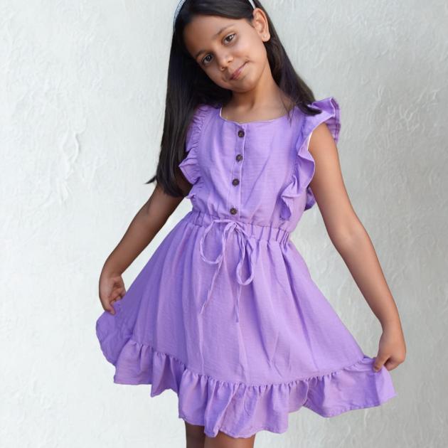 Beli Lastikli ve Önden Düğmeli Mor Elbise