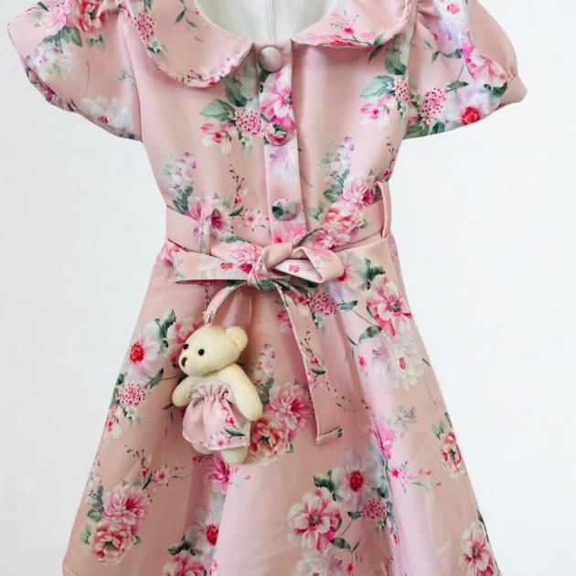 Çiçekli ayıcık aksesuarlı beli kemerli elbise - Pembe